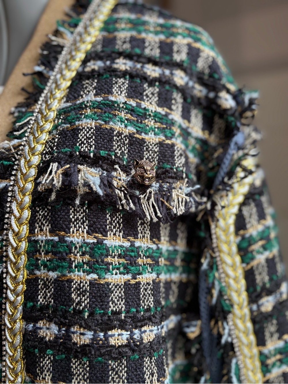 Fiona Chen Fringed Tweed Open Cardigan Jacket - Black, Green, Cream - Picture 7 of 11